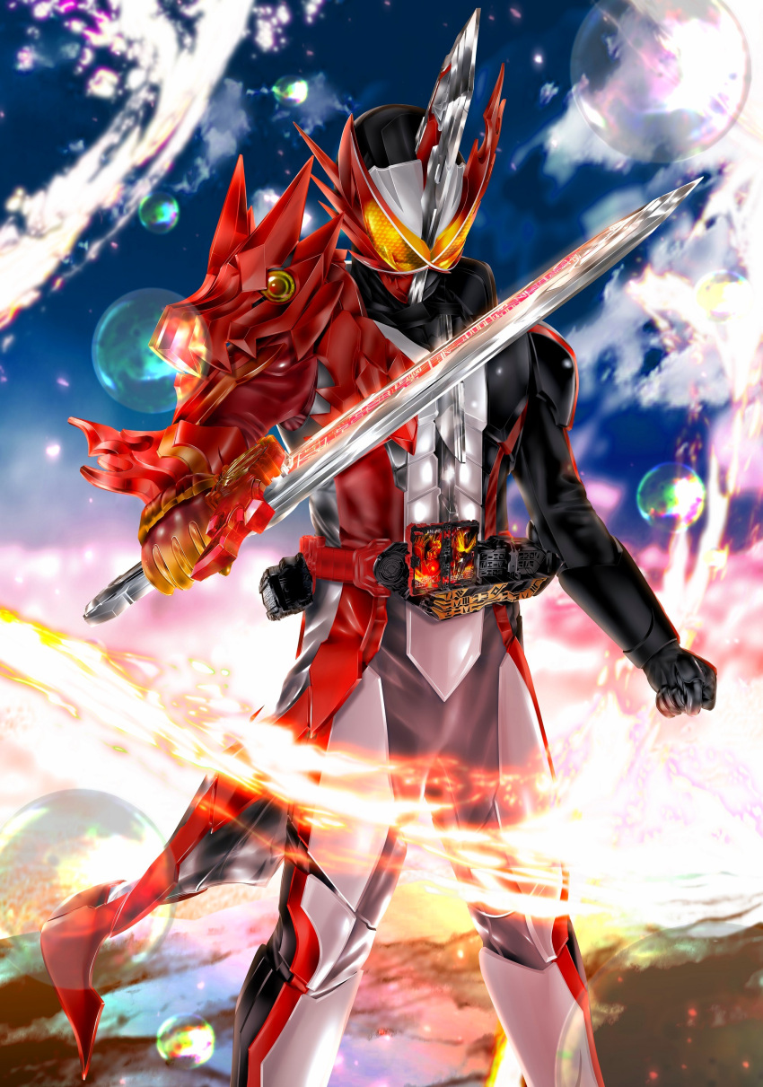 1boy, absurdres, armor, asymmetrical_armor, black_armor, brave_dragon, bubble, cowboy_shot