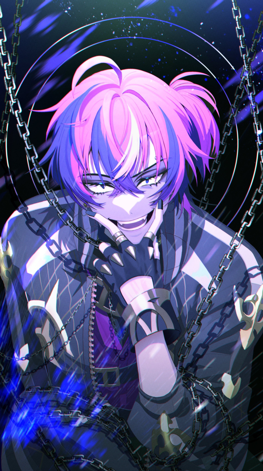1boy, absurdres, ahoge, black_gloves, black_hair, black_jacket, black_nails, black_shirt