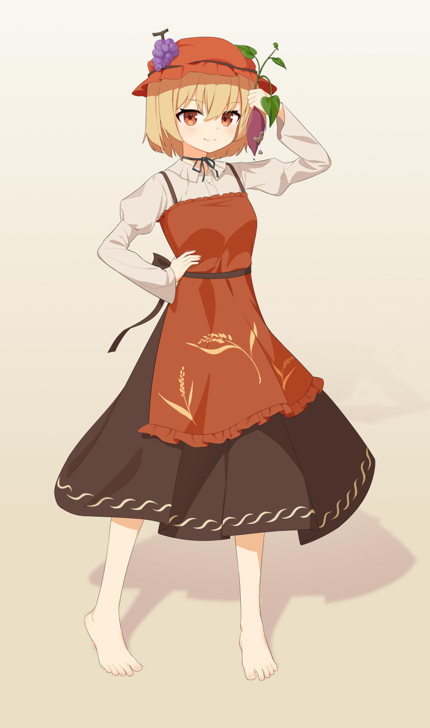 1girl, absurdres, aki_minoriko, apron, aqoot, arm_up, barefoot, black_ribbon
