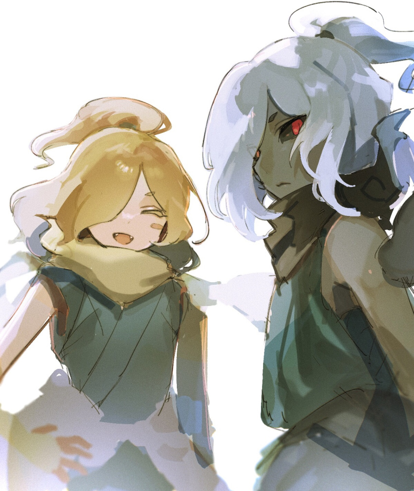 2boys, black_sclera, black_skin, blonde_hair, colored_sclera, colored_skin, high_ponytail, highres
