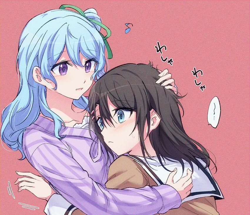 ..., 2girls, aoiro_050, bang_dream!, black_hair, blue_eyes, blue_hair, blush