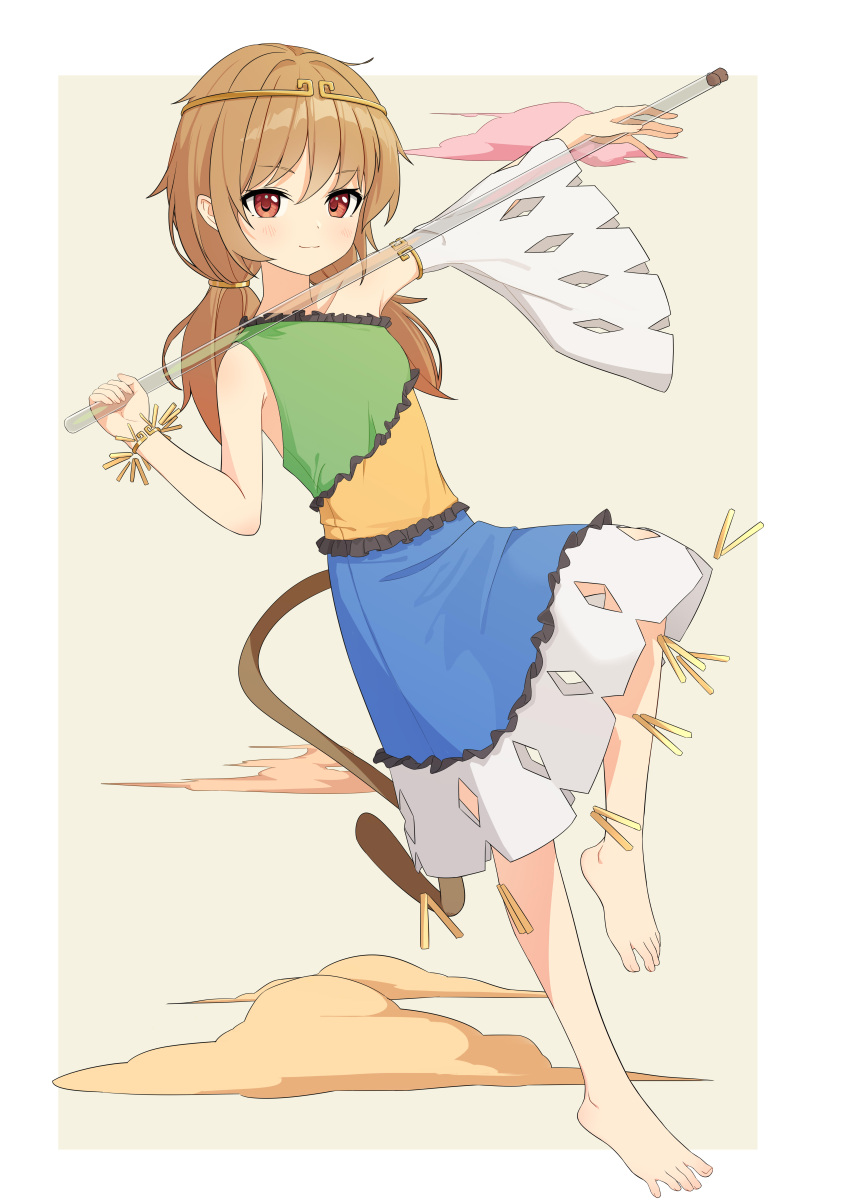 1girl, :3, absurdres, aqoot, arms_up, bare_shoulders, barefoot, blush