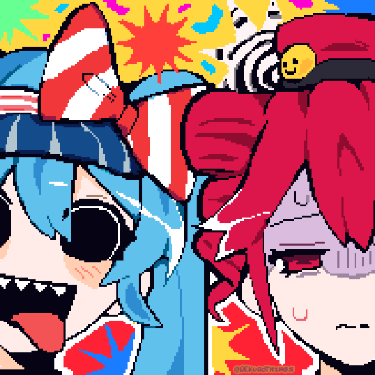 2girls, blue_hair, blue_hat, blush_stickers, bow, drill_hair, hair_bow, hat