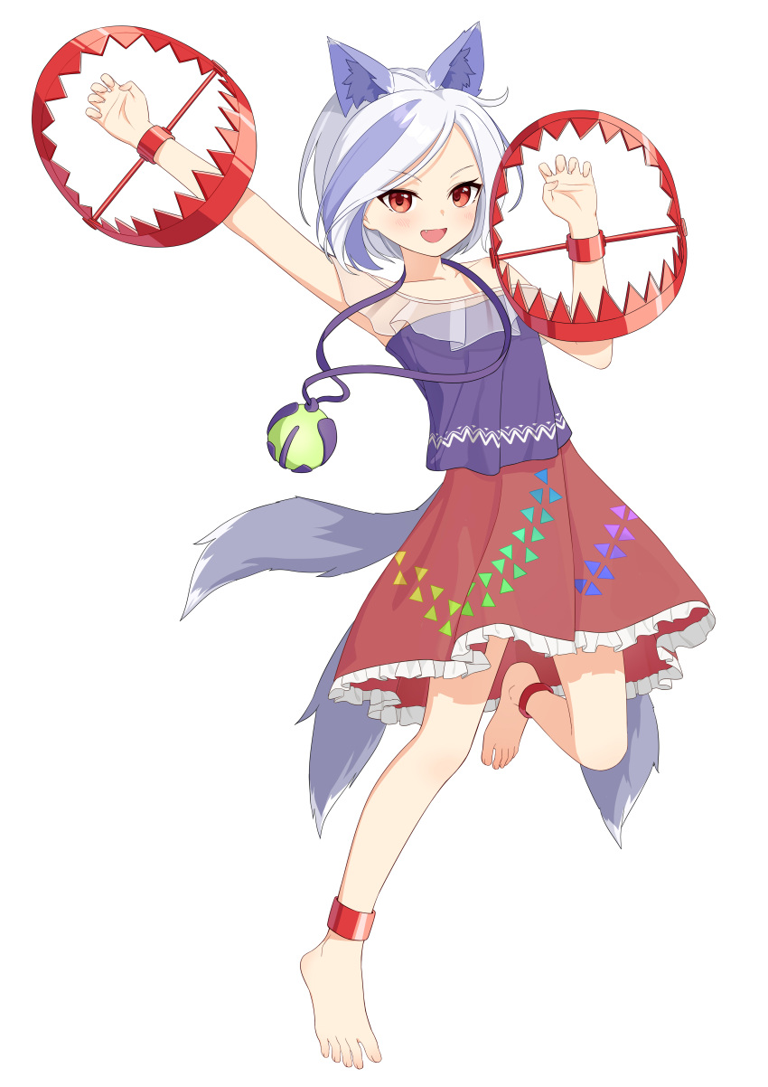 1girl, :d, absurdres, animal_ear_fluff, animal_ears, anklet, aqoot, arms_up, bare_shoulders, barefoot, bear_trap, blush, claw_pose, commentary_request, dog_ears, dog_girl, dog_tail, fang, feet, flat_chest, frilled_shirt, frilled_skirt, frills, full_body, highres, jewelry, mitsugashira_enoko, multicolored_hair, multiple_tails, necklace, open_mouth, print_skirt, purple_hair, purple_shirt, purple_tail, rainbow_print, red_eyes, red_skirt, shirt, short_hair, simple_background, skirt, smile, solo, standing, standing_on_one_leg, strapless, strapless_shirt, streaked_hair, tail, touhou, two-tone_hair, white_background, white_hair