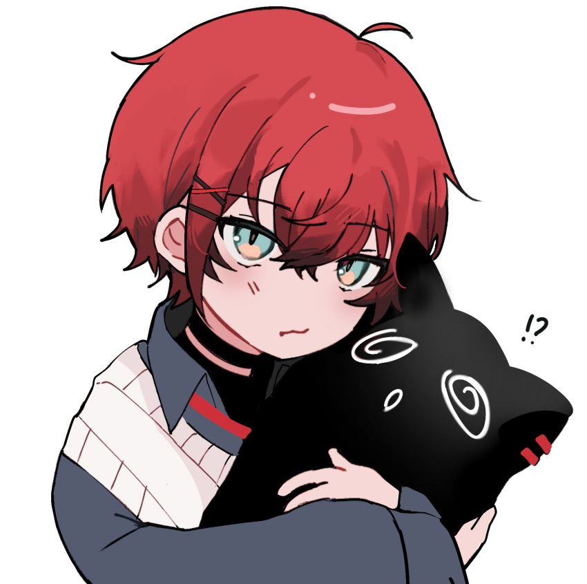 !?, 1boy, ahoge, black_choker, choker, closed_mouth, collared_shirt, creature