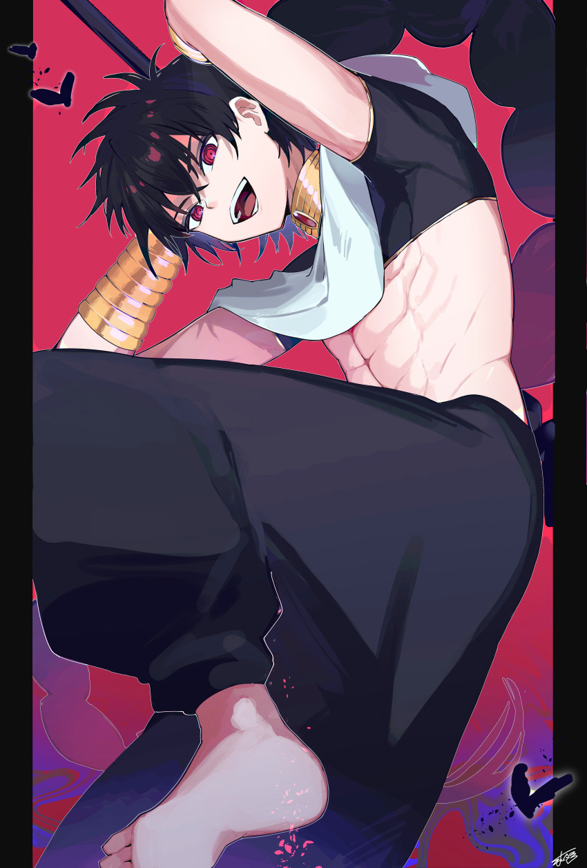 1boy, abs, absurdres, baggy_pants, barefoot, black_hair, braid, crop_top