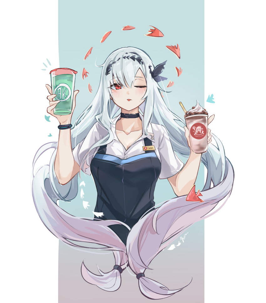 1girl, absurdres, apron, arknights, black_apron, black_choker, bracelet, choker