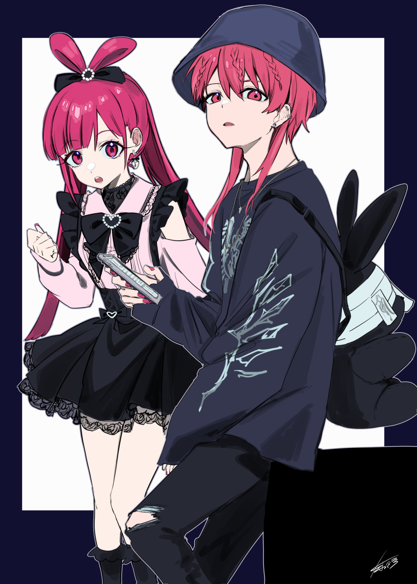1boy, 1girl, absurdres, backpack, bag, black_skirt, braid, brother_and_sister