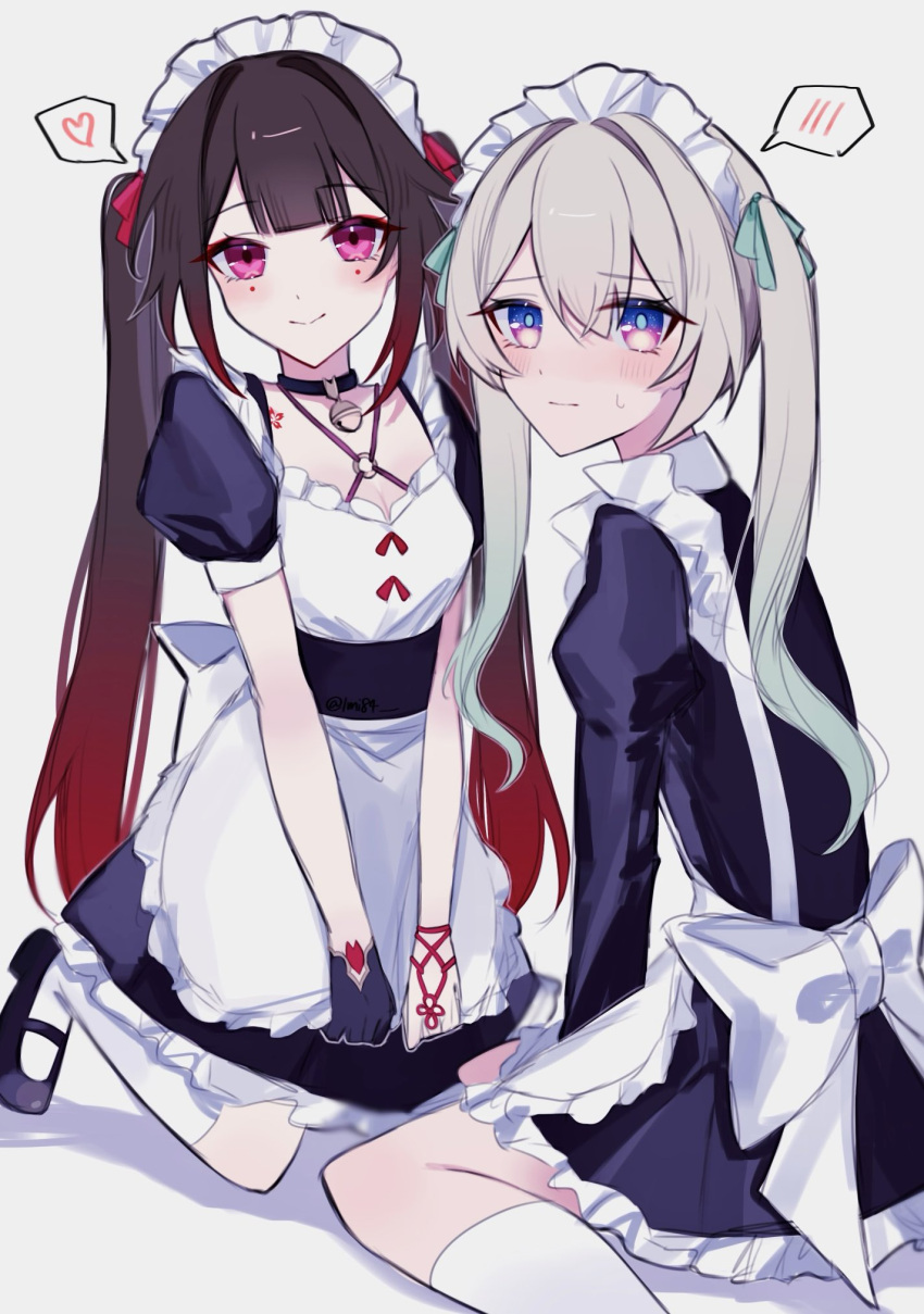 2girls, apron, asymmetrical_gloves, bell, between_legs, black_choker, black_footwear, black_hair