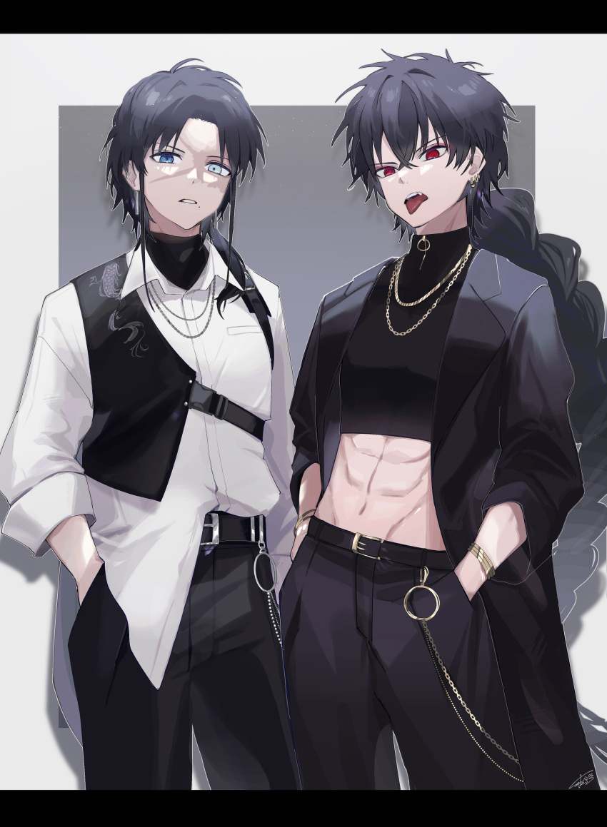 2boys, abs, absurdres, belt, black_hair, blue_eyes, blue_hair, chain