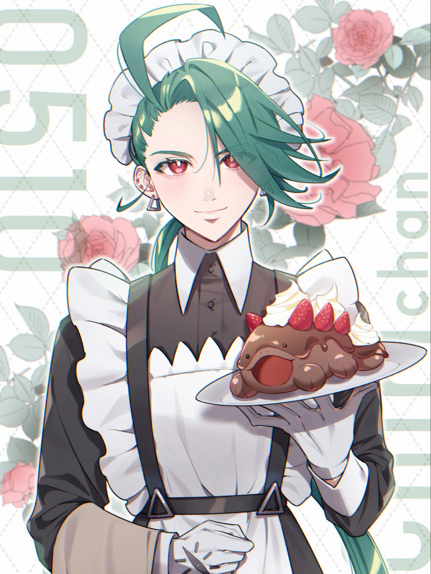 1girl, ahoge, alternate_costume, apron, black_dress, bright_pupils, character_food, clodsire