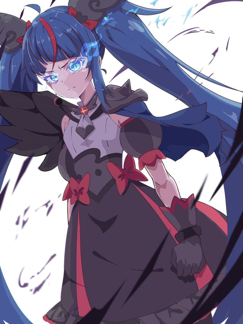 1girl, absurdres, armor, aura, black_wings, blue_cape, blue_eyes, blue_hair, bow, brooch, cape, closed_mouth, commentary, cure_sky, cut_bangs, dark_aura, dark_cure_sky, dark_persona, detached_sleeves, dress, dress_bow, earrings, feathered_wings, frilled_dress, frills, frown, gloves, glowing, glowing_eyes, grey_dress, grey_gloves, highres, hirogaru_sky!_precure, jewelry, long_hair, looking_at_viewer, magical_girl, medium_dress, multicolored_hair, nuanko, pauldrons, precure, puffy_detached_sleeves, puffy_sleeves, red_bow, red_dress, redhead, shoulder_armor, single_pauldron, single_sidelock, single_wing, slit_pupils, solo, sora_harewataru, spiked_pauldrons, standing, streaked_hair, torn_cape, torn_clothes, twintails, two-tone_dress, white_background, wing_brooch, wing_hair_ornament, wings