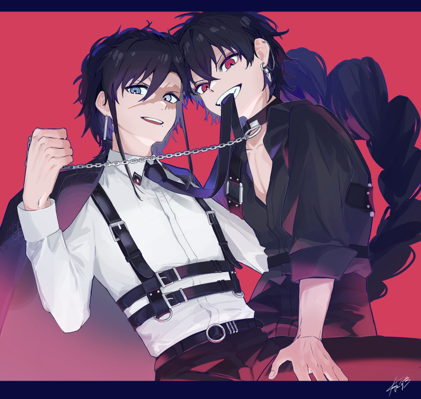 2boys, absurdres, biting, biting_clothes, black_hair, blue_eyes, blue_hair, braid