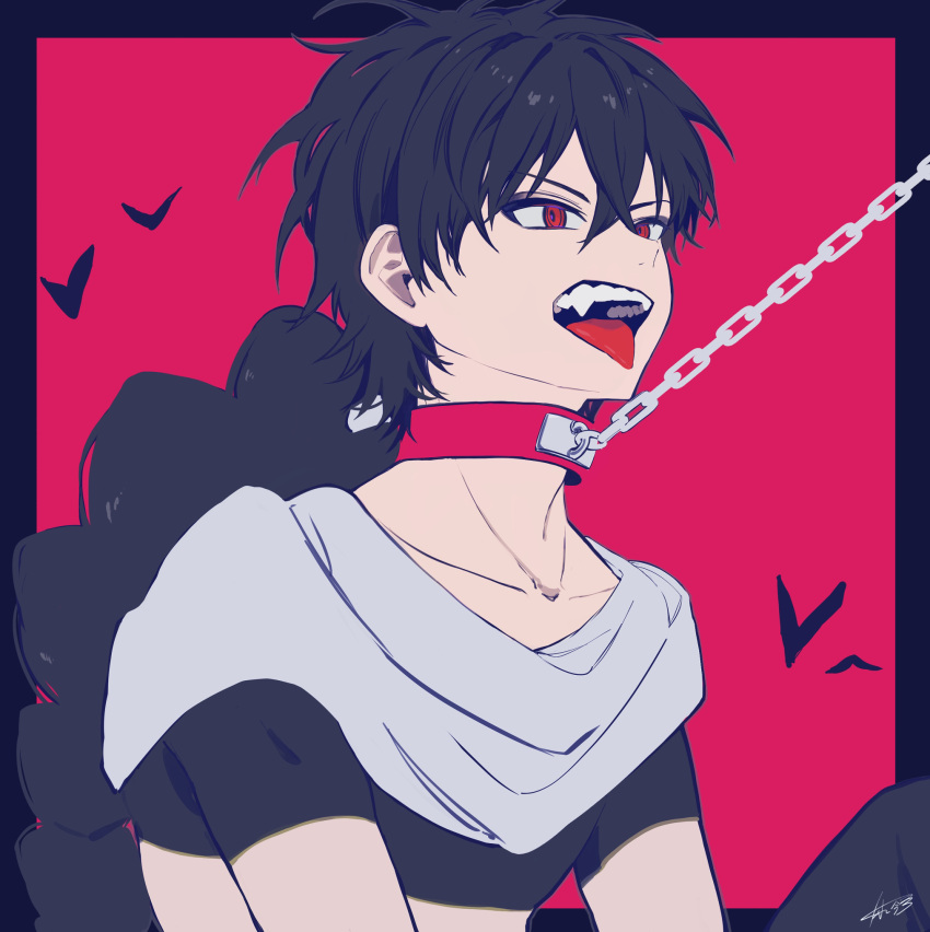 1boy, black_hair, braid, collar, crop_top, fangs, highres, judal