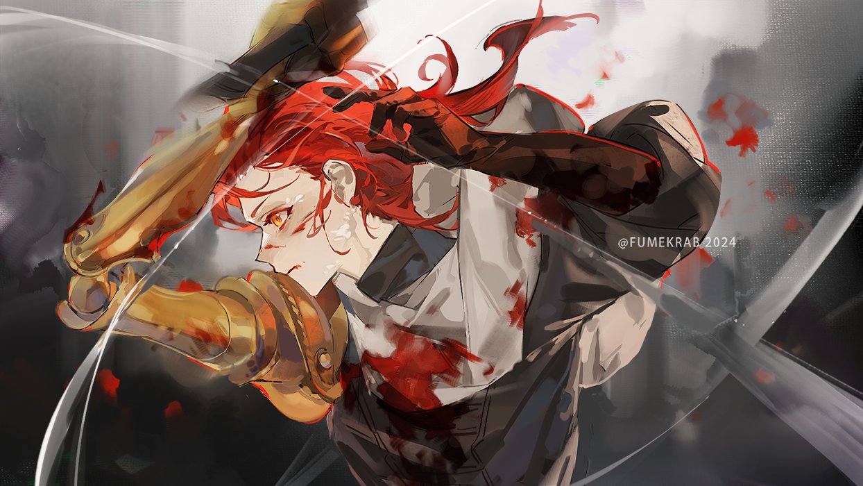 1girl, amputee, blood, blood_on_clothes, blood_on_face, blurry, blurry_background, brown_gloves