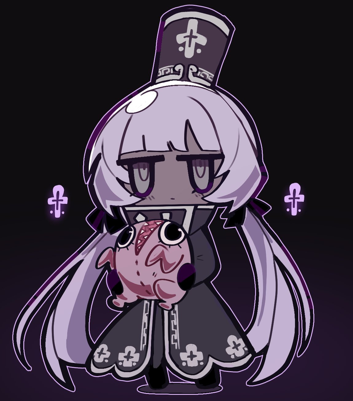 1girl, black_dress, black_gloves, bongy_(project_moon), bow, character_doll, charon_(project_moon), chicken_(food), dark-skinned_female, dark_skin, dress, food, gloves, grey_eyes, hair_bow, hat, highres, limbus_company, long_hair, low_twintails, project_moon, shako_cap, sidelocks, twintails, vertical_mouth, yumeyuk0