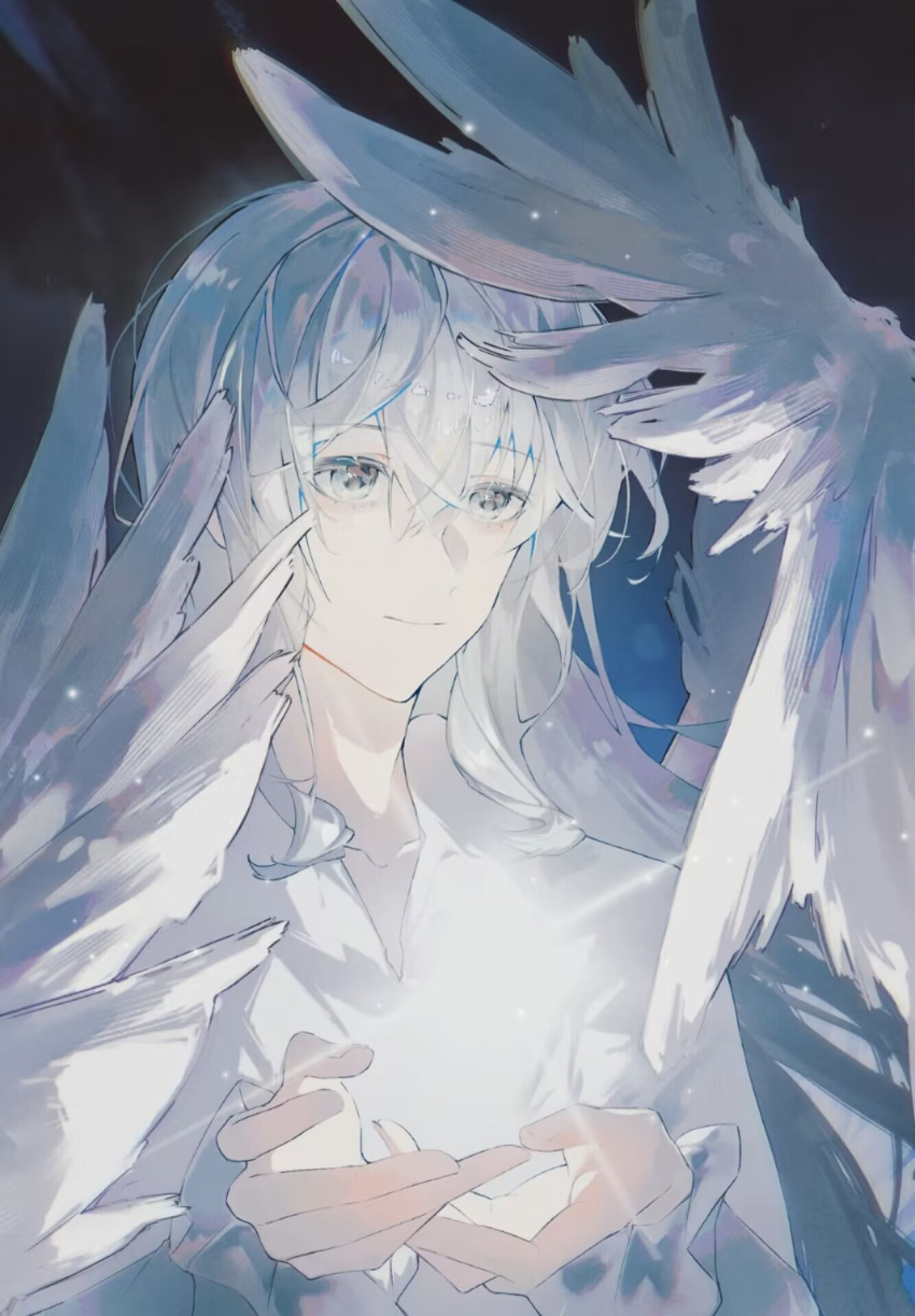 1boy, angel_wings, crossed_bangs, fqfwrz, glowing, grey_hair, highres, long_hair