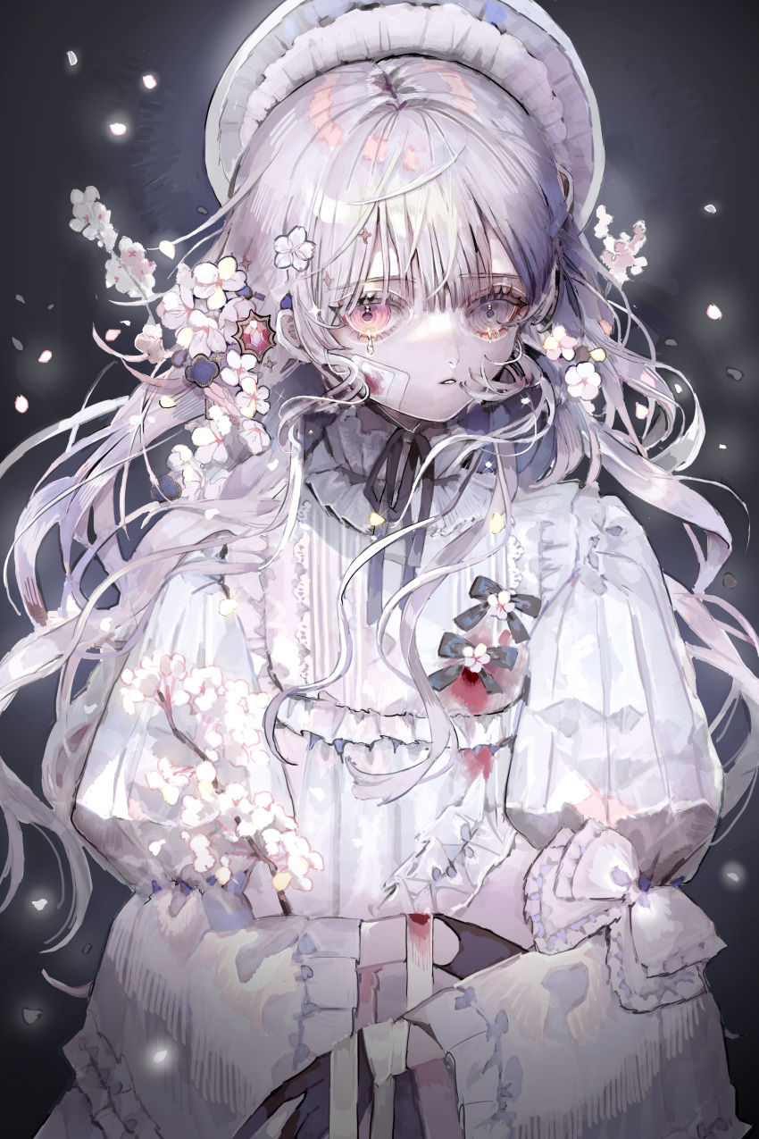 1girl, absurdres, aegyo_sal, bandaged_hand, bandages, bandaid, bandaid_on_face, black_background, black_bow, black_gloves, blood, blood_on_face, blood_on_hands, bow, branch, bullet_hole, cherry_blossoms, curly_hair, dress, eyelashes, falling_petals, flower, frills, gloves, grey_eyes, hair_flower, hair_ornament, hat, heterochromia, highres, holding, holding_branch, isshiki_shime, long_hair, long_sleeves, looking_at_viewer, original, parted_lips, petals, pink_eyes, pink_flower, pink_petals, sidelocks, simple_background, tears, white_bow, white_dress, white_hair, white_sleeves, wispy_bangs