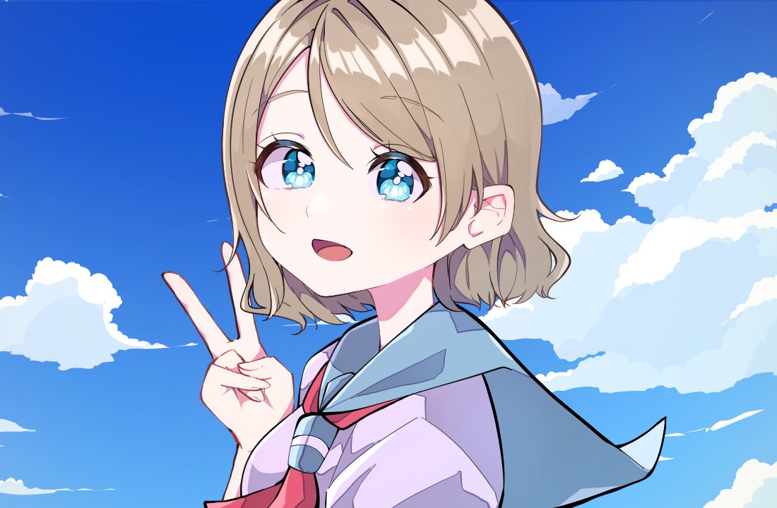 1girl, blue_eyes, blush, brown_hair, clouds, kam_tuki, love_live!, love_live!_sunshine!!