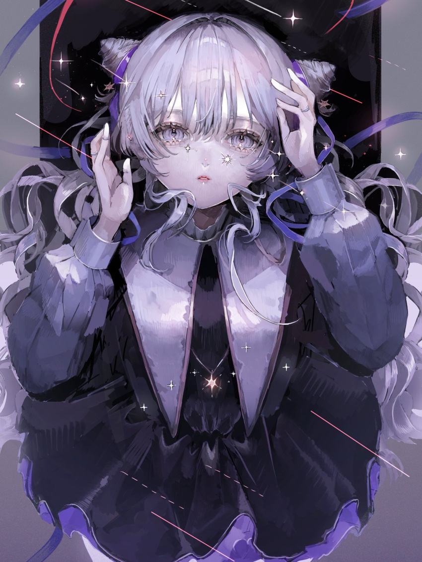 1girl, aegyo_sal, black_dress, cone_hair_bun, curly_hair, dress, eyelashes, frills