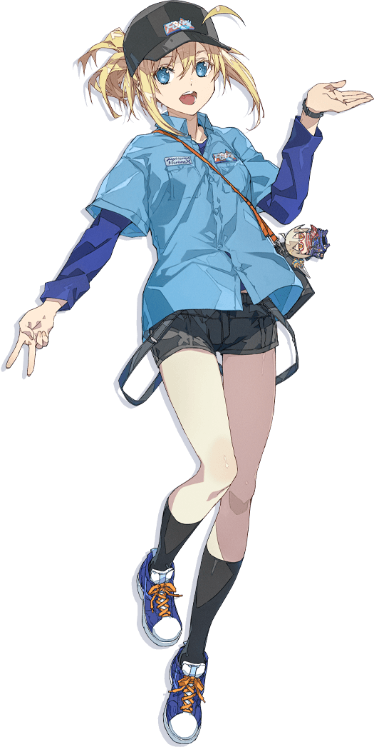 1girl, ahoge, artoria_pendragon_(fate), bag, baseball_cap, black_socks, blonde_hair, blue_eyes