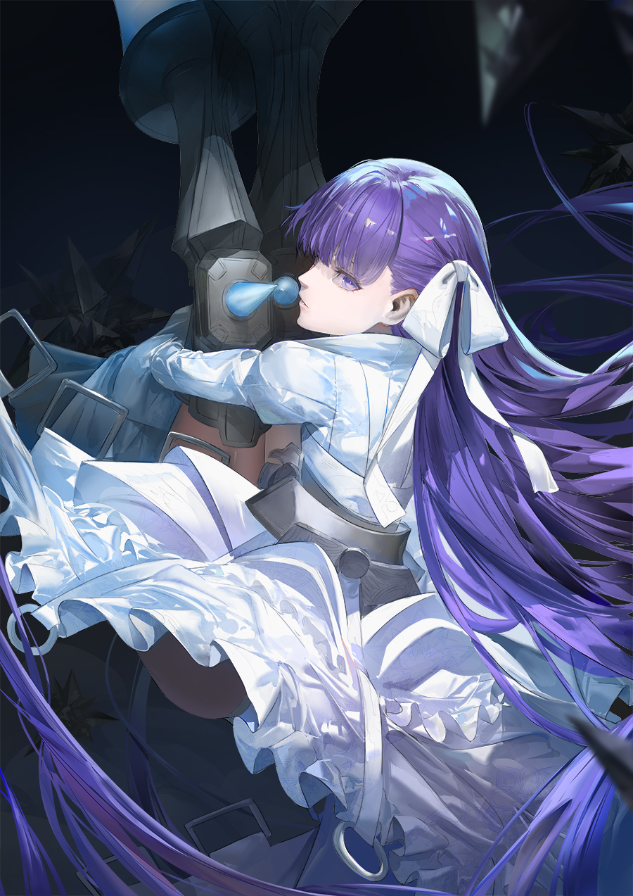 1girl, armored_boots, blazpu, blue_eyes, blue_ribbon, boots, breasts, cropped_jacket