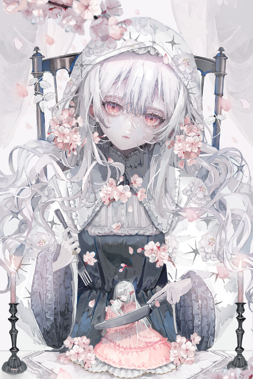 absurdres, aegyo_sal, animal, blunt_bangs, branch, buttons, candle, candlestand, cherry_blossoms, closed_eyes, closed_mouth, curly_hair, curtains, dress, falling_petals, fire, flower, fork, frilled_dress, frills, hair_between_eyes, head_tilt, highres, holding, holding_animal, holding_fork, holding_knife, hood, hood_up, isshiki_shime, jewelry, knife, leaf, long_hair, long_sleeves, looking_at_viewer, mini_person, on_chair, on_table, original, petals, pink_dress, pink_eyes, pink_flower, plant, ring, sidelocks, sitting, star_(symbol), table, vines, white_hair, white_leaves