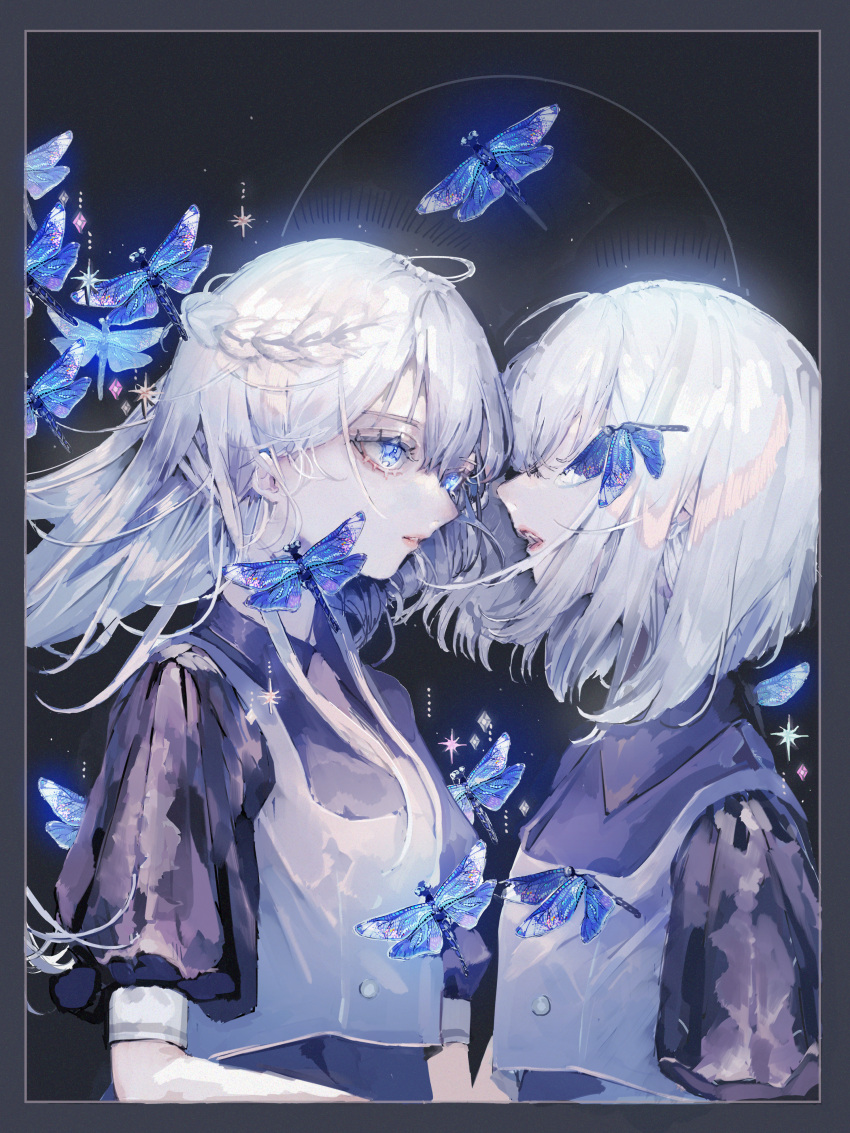2girls, absurdres, animal, black_background, black_shirt, blue_eyes, border, braid