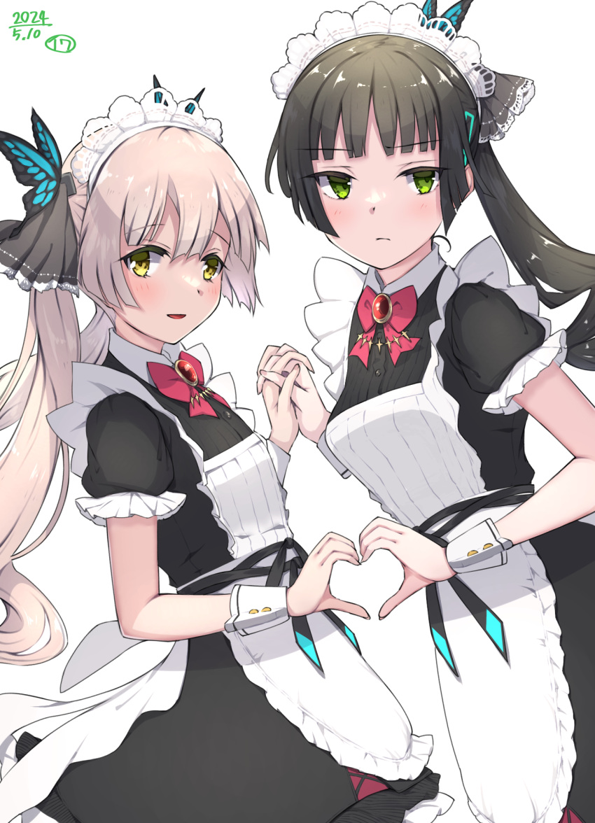 2girls, apron, black_dress, black_hair, blunt_bangs, butterfly_hair_ornament, dress, frills, green_eyes, hair_ornament, heart, heart_hands, heart_hands_duo, heaven_burns_red, highres, long_hair, maid, maid_apron, maid_headdress, multiple_girls, natsume_inori, ogasawara_hisame, ponytail, puffy_short_sleeves, puffy_sleeves, scrunchie, short_sleeves, sphere_stone, twintails, waist_apron, white_background, white_hair, wrist_cuffs, yellow_eyes, yuri