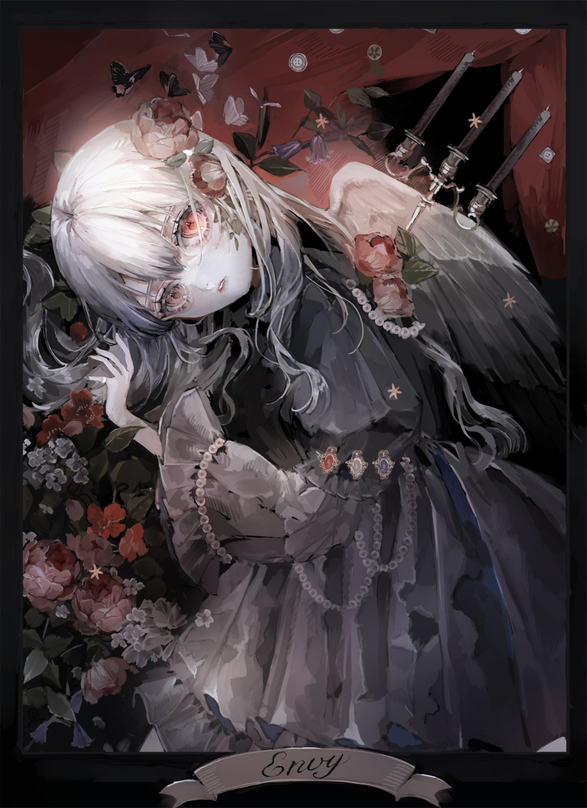 1girl, absurdres, aegyo_sal, angel, angel_wings, animal, black_butterfly, black_dress