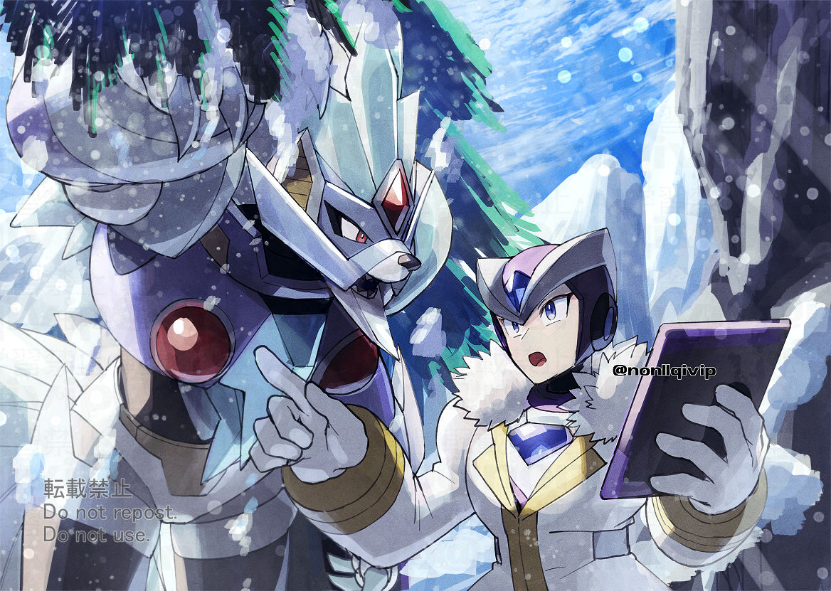 2boys, android, armor, blizzard_wolfang_(mega_man), chest_jewel, coat, forehead_jewel, fur_trim, gate_(mega_man), holding, holding_notepad, humanoid_robot, lab_coat, male_focus, mega_man_(series), mega_man_x6, mega_man_x_(series), multiple_boys, non-humanoid_robot, notepad, purple_armor, purple_helmet, robot, robot_animal, white_coat, wolf, yamanashi_taiki