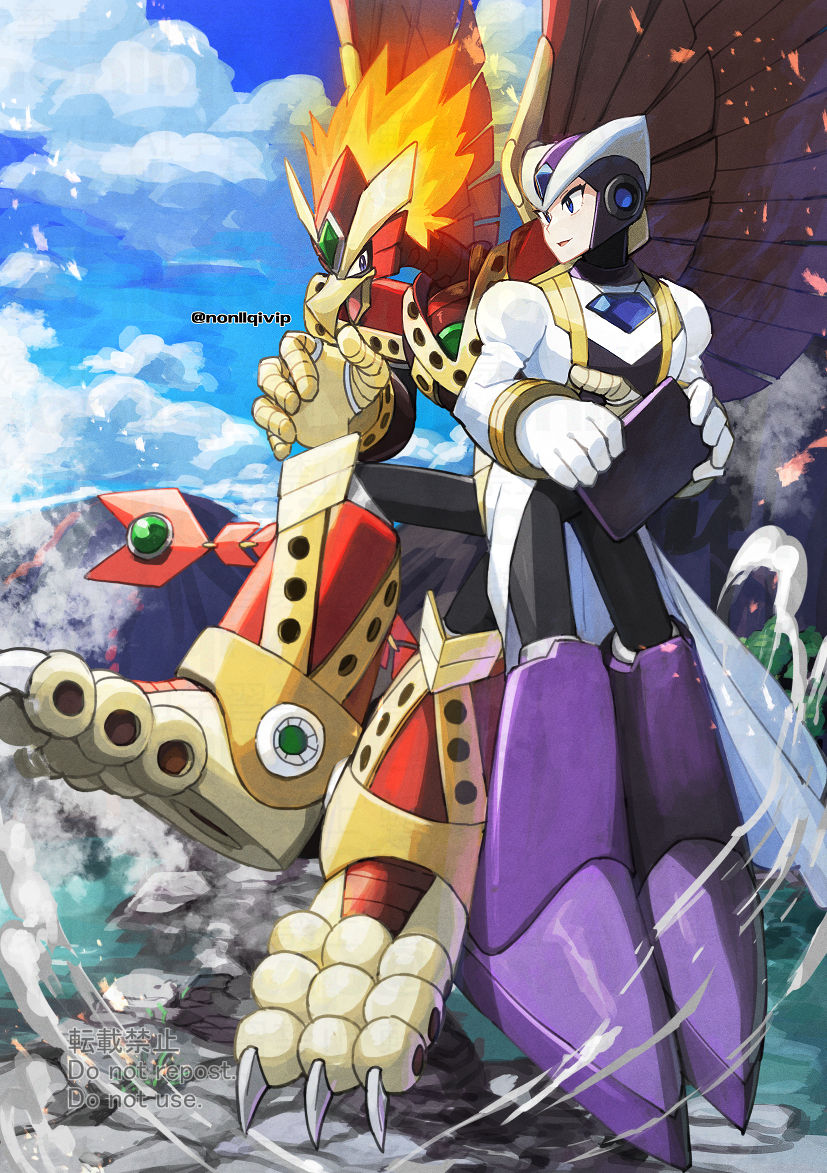 2boys, android, armor, beak, blaze_heatnix_(mega_man), chest_jewel, clouds, coat