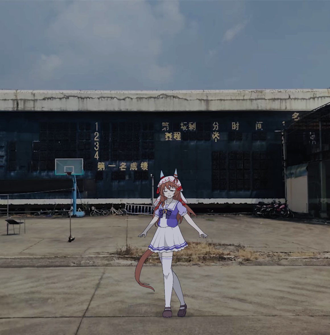 1girl, animal_ears, blush, brown_hair, building, commentary_request, doluckyo, hair_ornament, horse_girl, long_hair, looking_at_viewer, one_eye_closed, photo_background, red_eyes, school_uniform, sky, solo, standing, still_in_love_(umamusume), thigh-highs, tracen_school_uniform, umamusume, veil