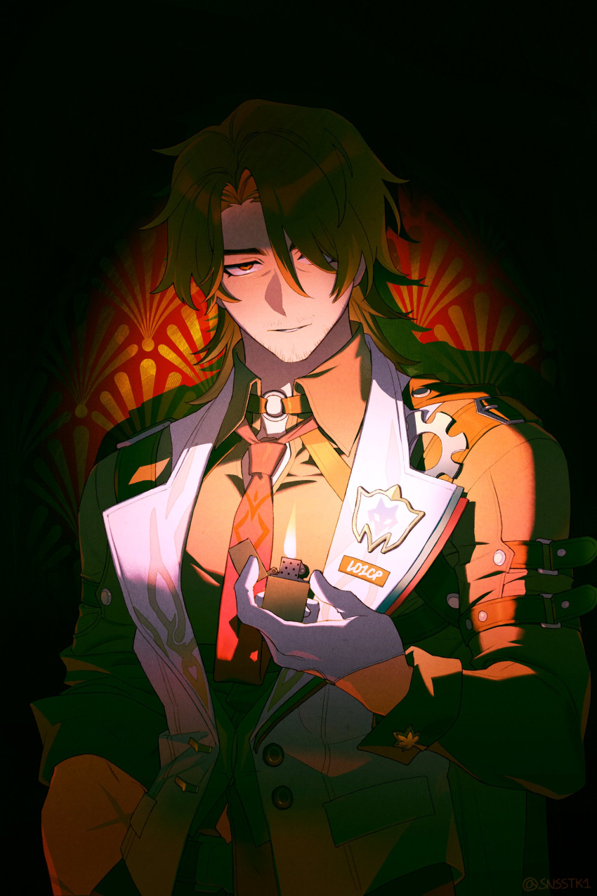 1boy, absurdres, arm_strap, badge, black_shirt, brown_hair, evil_smile, facial_hair