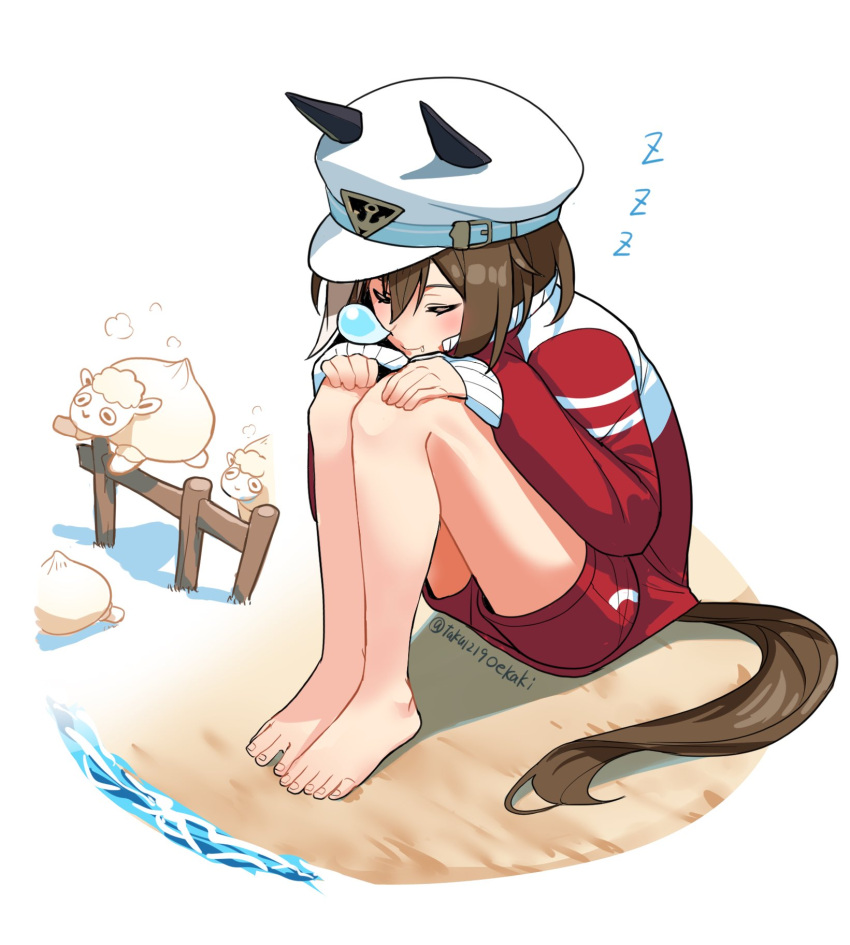 1girl, animal_ears, beach, blush, brown_hair, cheval_grand_(umamusume), closed_eyes, closed_mouth