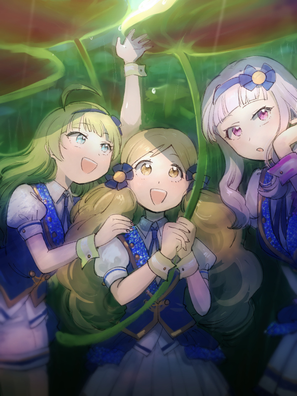3girls, :o, aqua_eyes, blonde_hair, blue_hairband, blue_vest, dress_shirt, en_trtr, eyelashes, fluffy_hair, glitter, green_hair, hair_intakes, hair_ribbon, hairband, hand_up, handa_roco, holding, holding_leaf, idolmaster, idolmaster_(classic), idolmaster_million_live!, idolmaster_million_live!_theater_days, leaf, looking_up, mini_person, minigirl, multiple_girls, oversized_object, parted_lips, pleated_skirt, puffy_short_sleeves, puffy_sleeves, rain, ribbon, shijou_takane, shimabara_elena, shirt, short_sleeves, shorts, skirt, smile, sunlight, teeth, twintails, upper_teeth_only, vest, violet_eyes, wavy_hair, white_hair, white_shirt, white_shorts, white_skirt, wing_collar, wrist_cuffs, yellow_eyes