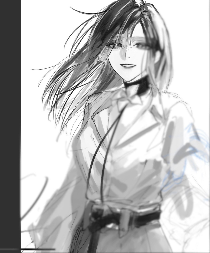 1girl, blurry, choker, collared_shirt, commentary_request, floating_hair, gradient_hair, greyscale, highres, isakuu, long_sleeves, looking_at_viewer, monochrome, multicolored_hair, parted_lips, path_to_nowhere, shalom_(path_to_nowhere), shirt, smile, solo, upper_body