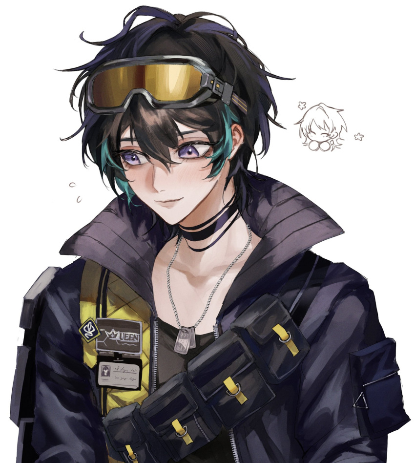 2girls, black_hair, black_jacket, black_shirt, blue_hair, blush, chief_(path_to_nowhere), cinnabar_(path_to_nowhere), closed_eyes, closed_mouth, dog_tags, female_chief_(path_to_nowhere), flying_sweatdrops, goggles, goggles_on_head, highres, isakuu, jacket, long_hair, multicolored_hair, multiple_girls, open_clothes, open_jacket, path_to_nowhere, shirt, short_hair, simple_background, smile, streaked_hair, white_background