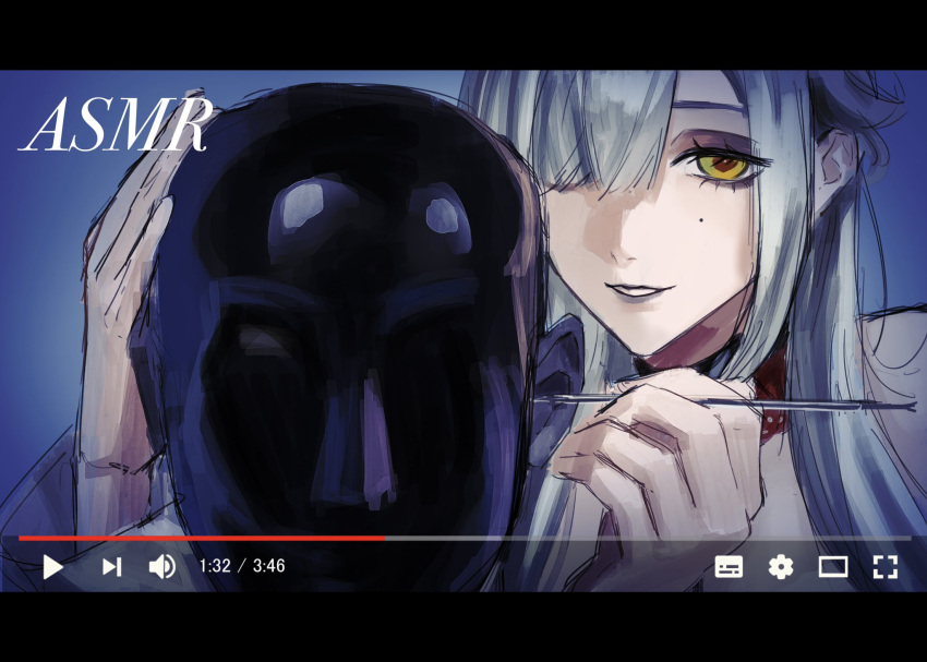 1girl, asmr, blue_background, blue_hair, commentary_request, dummy, eleven_(path_to_nowhere), hair_over_one_eye