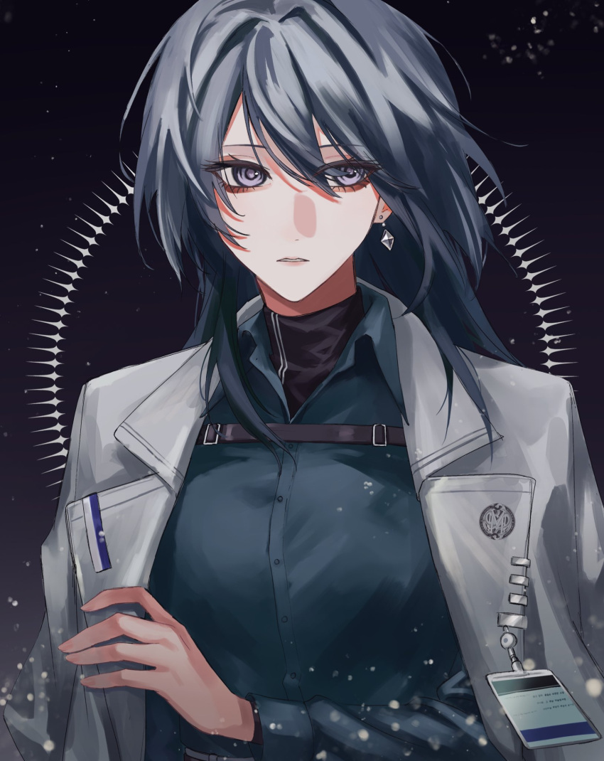 1girl, black_background, black_hair, black_shirt, chest_strap, chief_(path_to_nowhere), coat, coat_on_shoulders