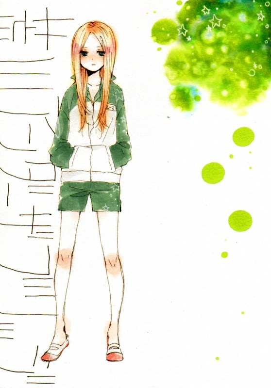 blonde_hair, blue_eyes, empty_eyes, hands_in_pockets, jacket, long_hair, nino_(arakawa), no_socks, shoes, shorts, simple_background, solo, spot_color, standing, star, track_jacket, traditional_media, uwabaki, watercolor_(medium), yueko