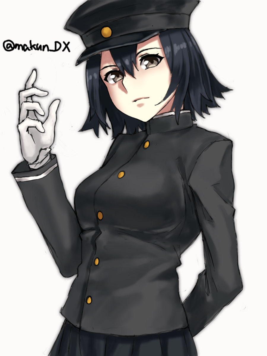 1girl, akitsu_maru_(kancolle), akitsu_maru_kai_(kancolle), black_hair, black_hat, black_jacket, black_skirt, brown_eyes, gloves, hat, highres, jacket, kantai_collection, maakun_(makun_dx), military_hat, military_uniform, one-hour_drawing_challenge, pale_skin, peaked_cap, pleated_skirt, short_hair, simple_background, skirt, solo, twitter_username, uniform, white_background, white_gloves
