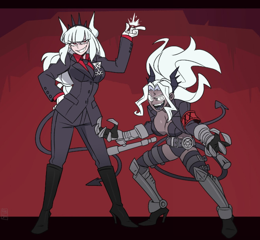 2girls, arm_up, armband, black_horns, black_necktie, black_suit, boots, breasts