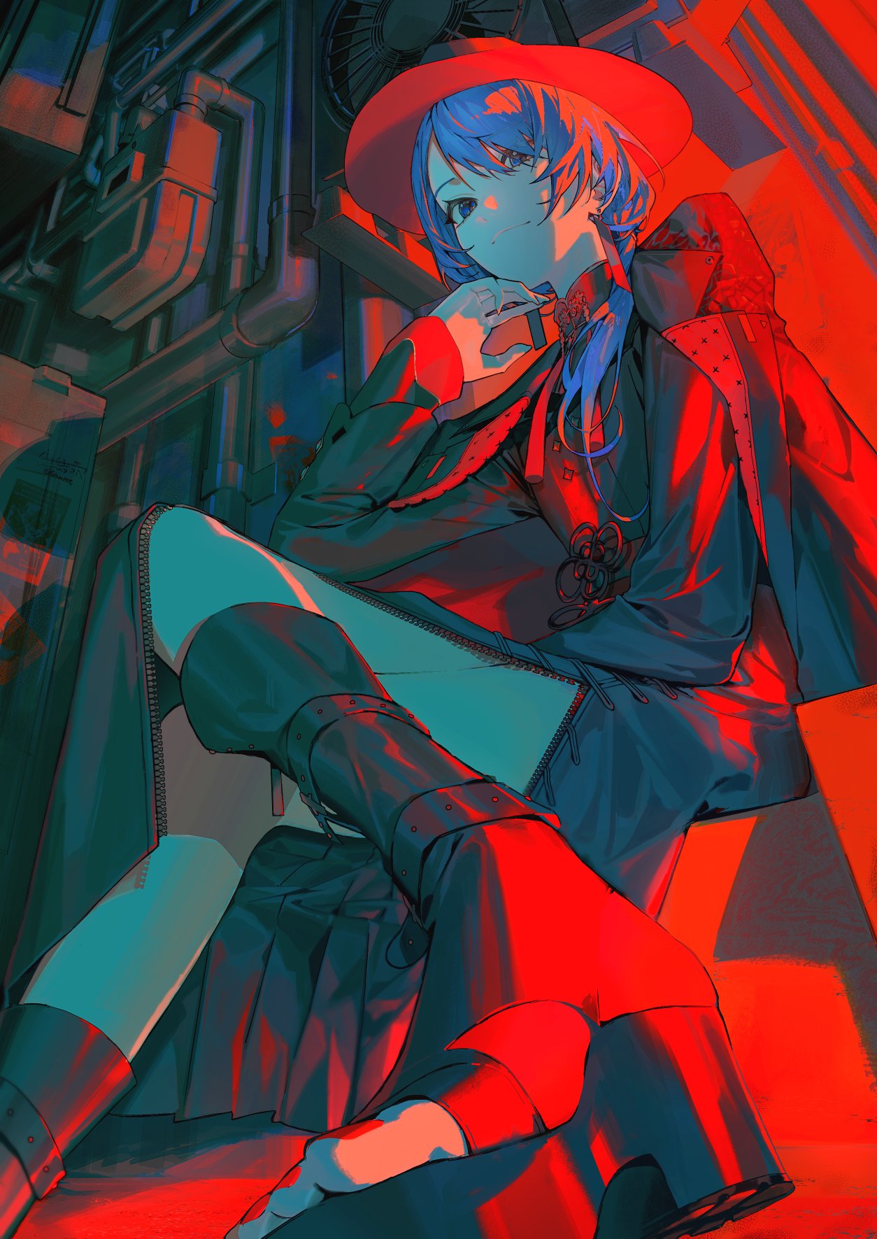 1girl, alley, black_coat, black_dress, black_footwear, blue_eyes, blue_hair, coat, coat_on_shoulders, condenser_unit, crossed_legs, dress, from_below, hand_on_own_chin, hat, highres, hololive, hoshimachi_suisei, hoshimachi_suisei_(oriental_suit), industrial_pipe, leg_belt, limited_palette, long_hair, looking_at_viewer, nail_polish, official_alternate_costume, platform_footwear, platform_heels, red_light, shoe_soles, side_slit, sitting, skn, solo, toenail_polish, toenails, toes, virtual_youtuber, wide_brim, zipper, zipper_dress