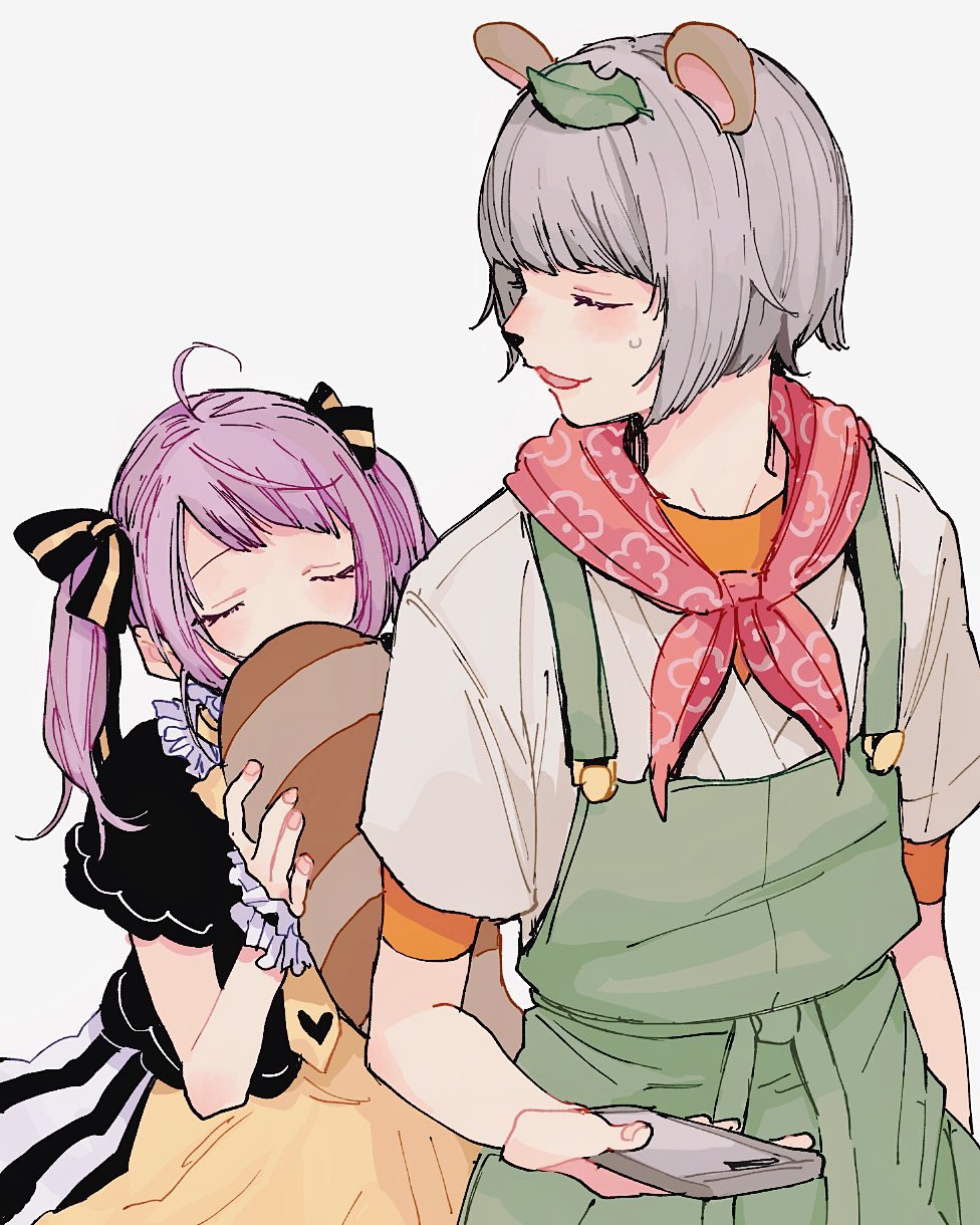 2girls, :3, animal_ears, animal_nose, apron, bandana, bandana_around_neck, behind_another, black_jacket, blush, cellphone, closed_eyes, commentary_request, cowboy_shot, facing_back, frilled_wrist_cuffs, frills, green_overalls, hair_ribbon, highres, holding, holding_another's_tail, holding_phone, jacket, leaf, leaf_on_head, medium_hair, mochi_hiyoko, mochipro, mode_aim, multiple_girls, orange_shirt, phone, ponpoko_(vtuber), purple_hair, raccoon_ears, raccoon_girl, raccoon_tail, red_bandana, ribbon, sawaya_(_0030y), shirt, short_hair, short_sleeves, simple_background, skirt, small_sweatdrop, smartphone, smelling, standing, striped_clothes, striped_skirt, tail, twintails, virtual_youtuber, white_background, white_shirt, wrist_cuffs, yellow_apron