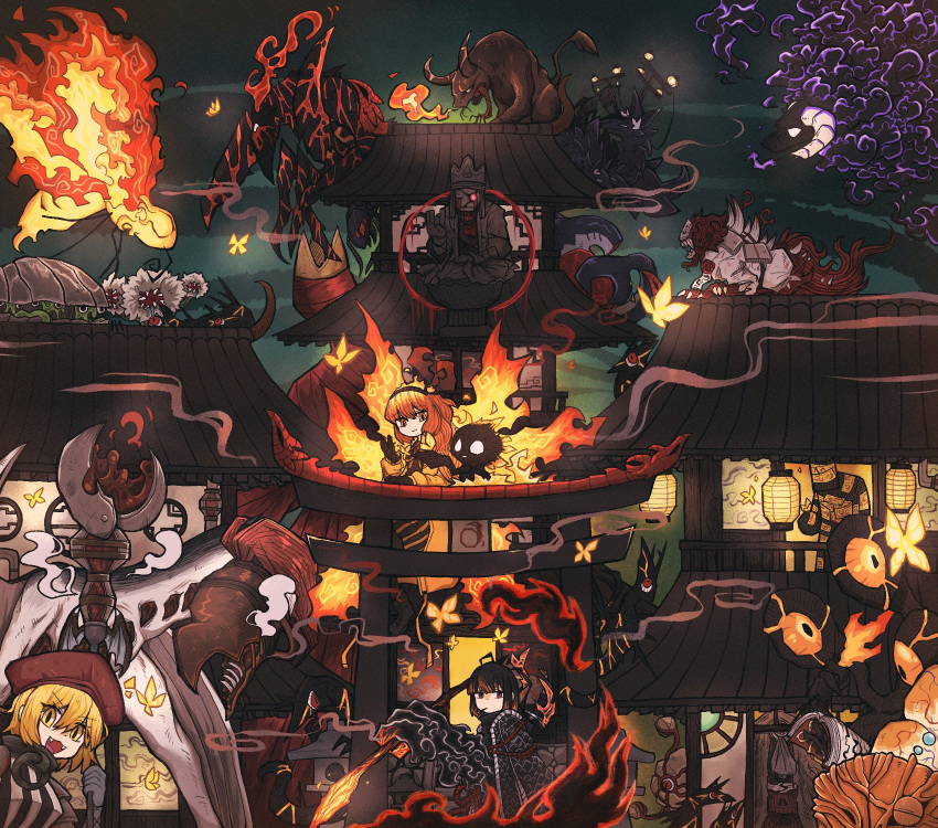 4girls, :d, alleyway_watchdog_(project_moon), ambling_pearl, ardor_blossom_moth, basilisoup, blonde_hair, brazen_bull_(project_moon)