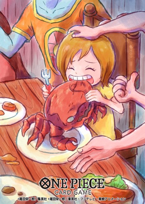 1girl, aged_down, closed_eyes, commentary_request, copyright_name, crab, dress, eating