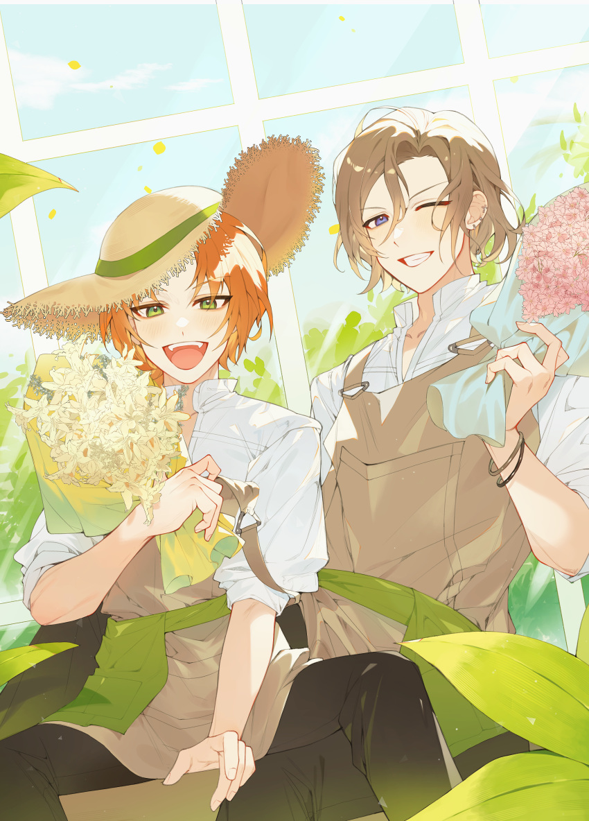 2boys, ;), ;d, a3!, absurdres, apron, blue_eyes, bouquet