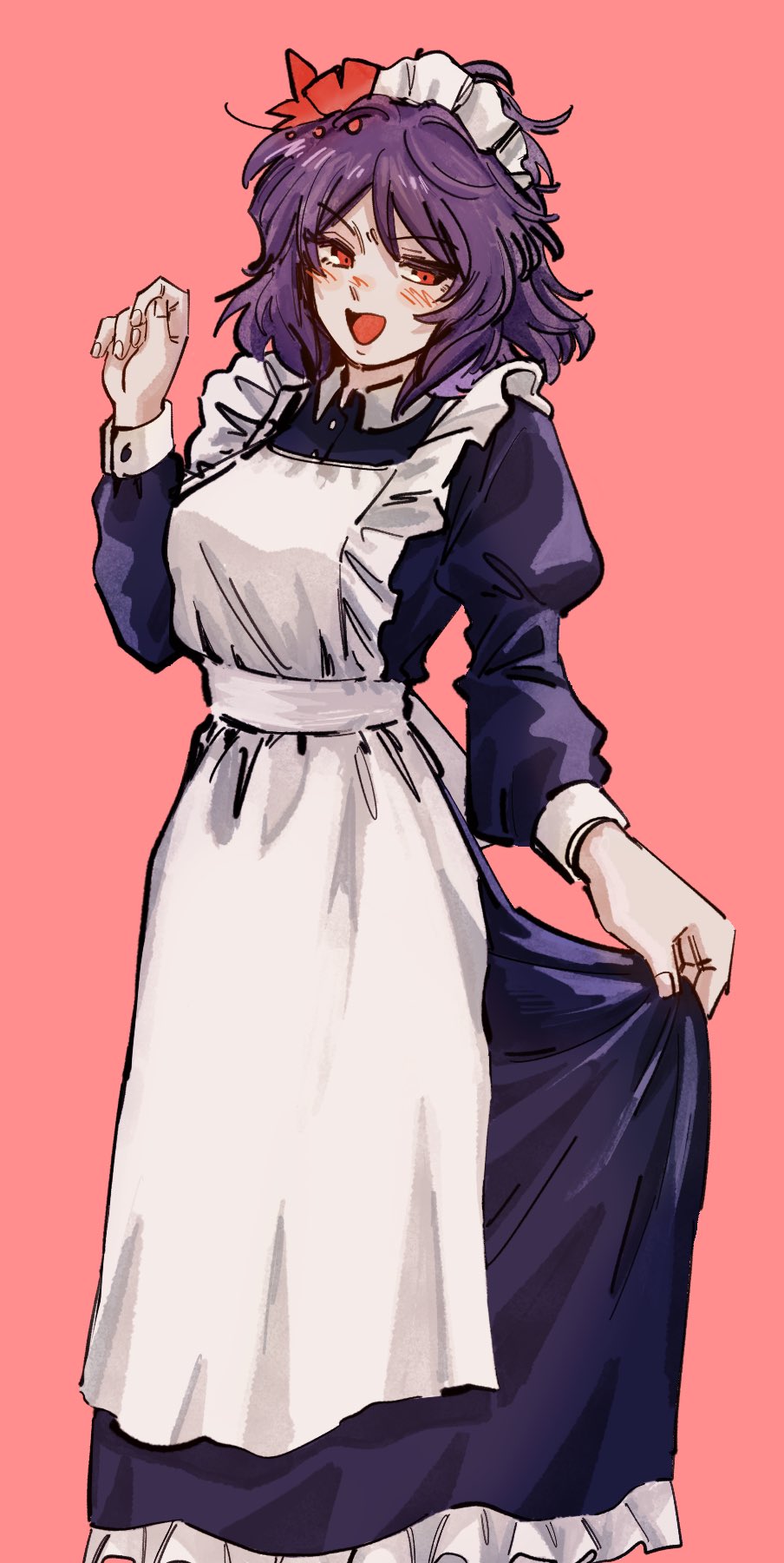 1girl, alternate_costume, ame_iru, apron, autumn_leaves, black_dress, blush, breasts