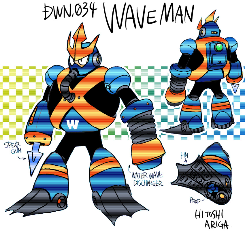 1boy, android, ariga_hitoshi, arm_cannon, armor, artist_name, black_bodysuit, black_eyes